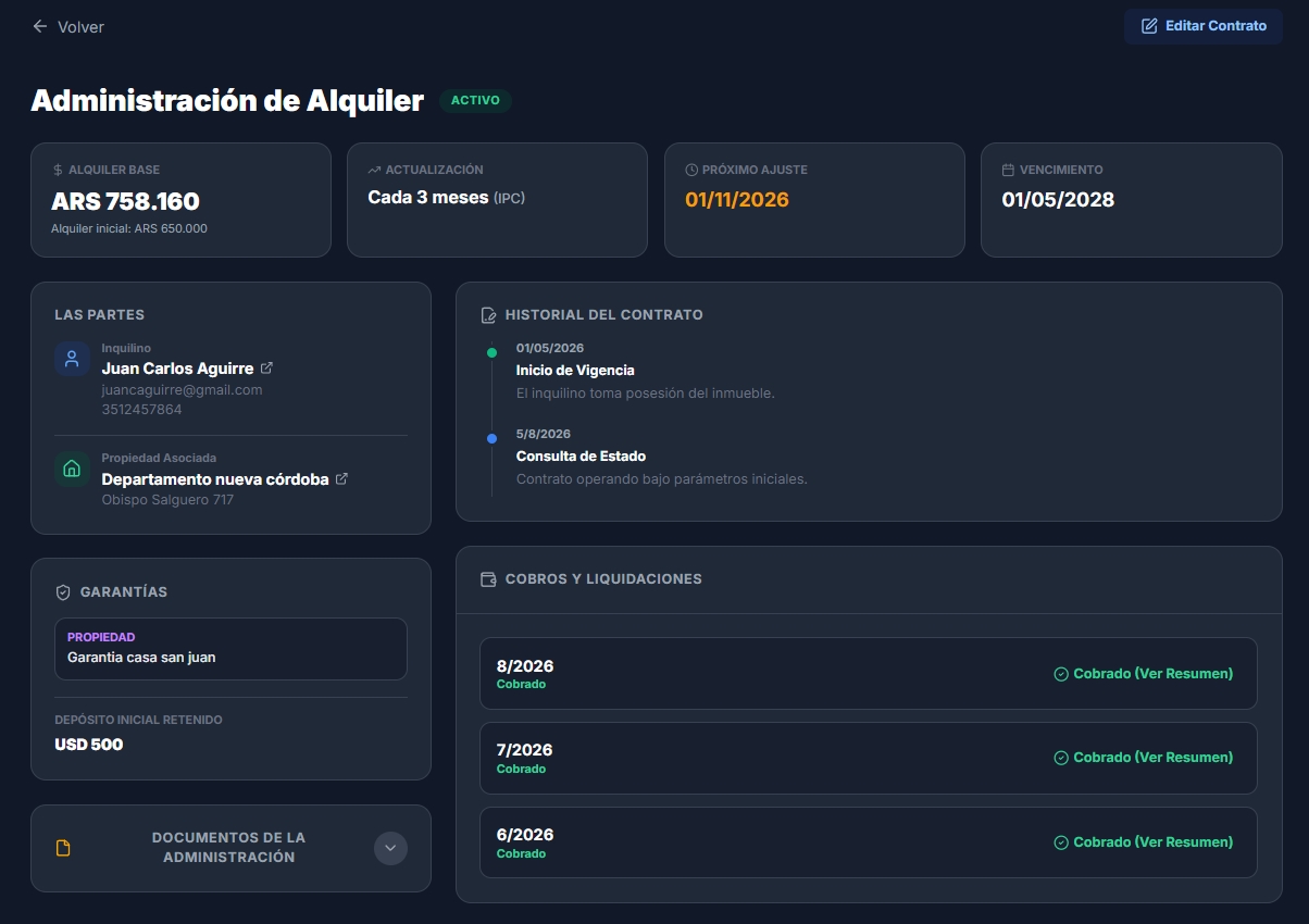 Ficha de una administración de alquiler en InmoMind con datos del contrato, partes involucradas e historial