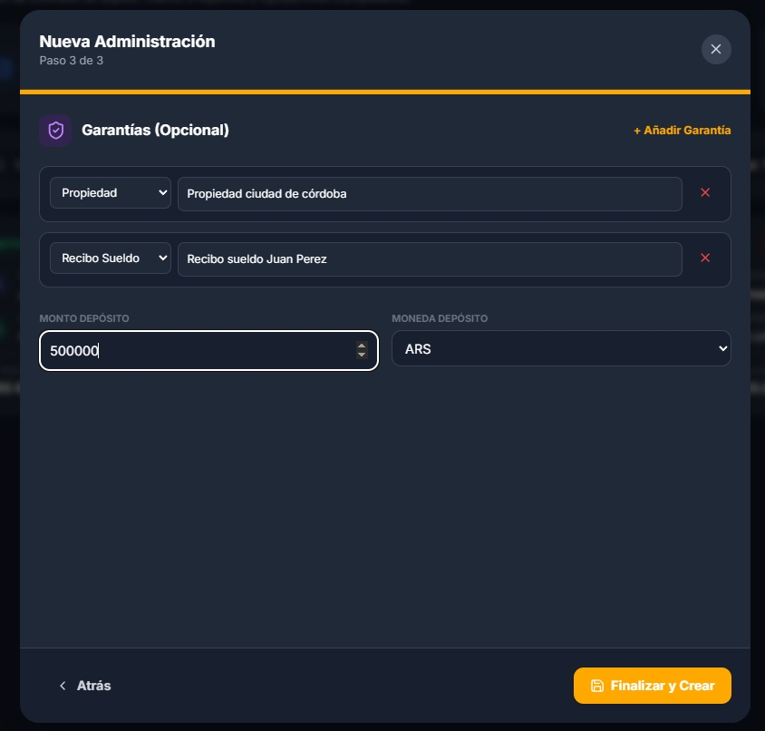 Paso 3 del asistente: garantías y depósito inicial