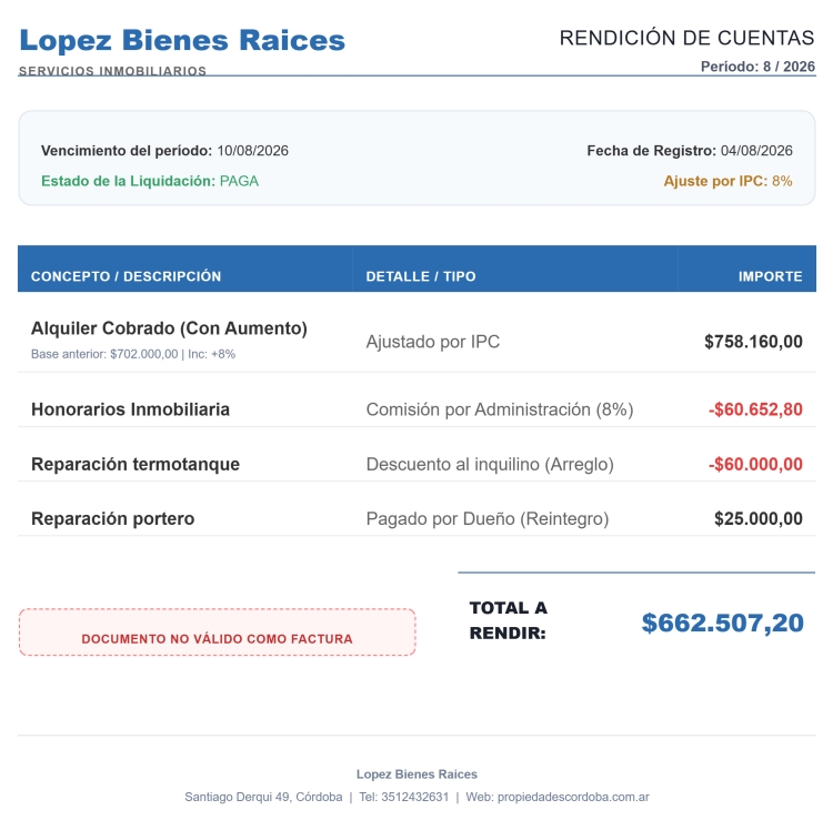 PDF de Rendición de Cuentas generado automáticamente por InmoMind para el propietario
