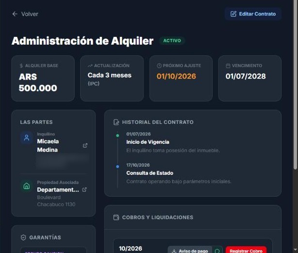 Ficha de un contrato de alquiler en InmoMind: alquiler base, frecuencia de actualización, próximo ajuste, partes, historial y liquidaciones