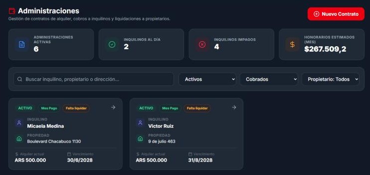 Listado de Alquileres en InmoMind con administraciones activas, inquilinos al día, impagos y honorarios estimados del mes