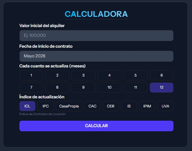 Calculadora de índices de actualización de alquileres en InmoMind: ICL, IPC, CasaPropia, CAC, CER, IS, IPIM y UVA