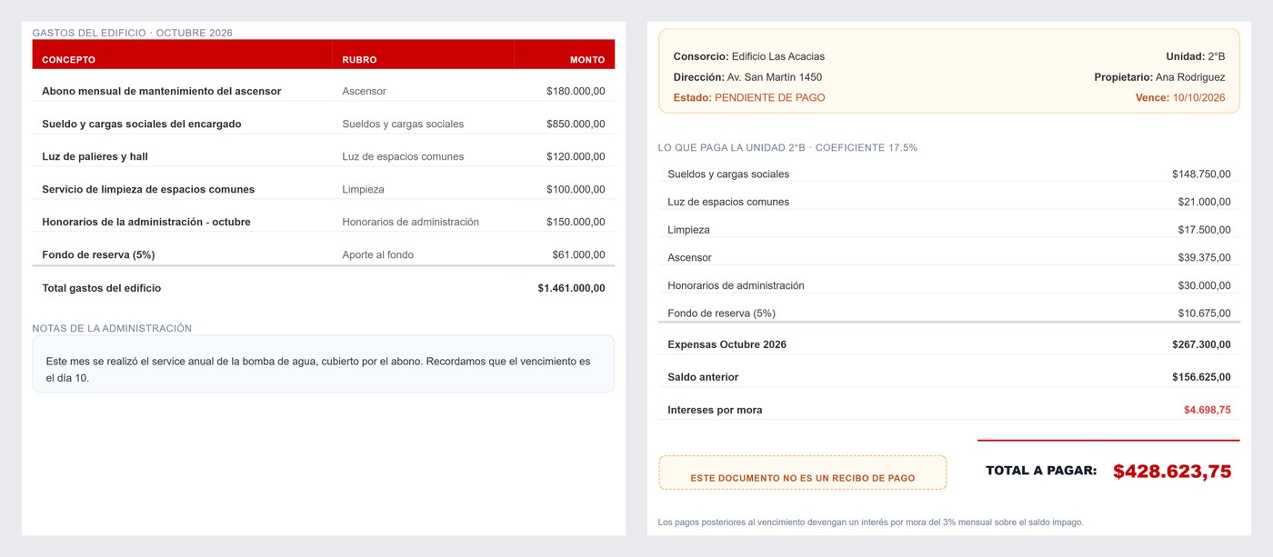 Aviso de pago de expensas del 2° B generado por InmoMind: expensas del mes, saldo anterior de $156.625 e intereses de $4.698,75