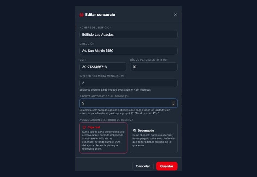 Configuración del consorcio en InmoMind: interés por mora, aporte al fondo de reserva y modo caja real o devengado