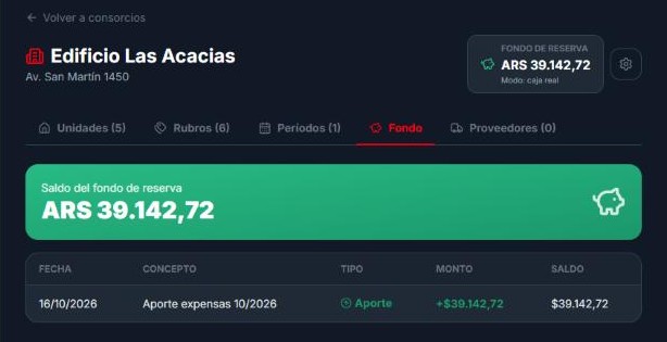 Solapa Fondo de un consorcio en InmoMind con el saldo y cada movimiento