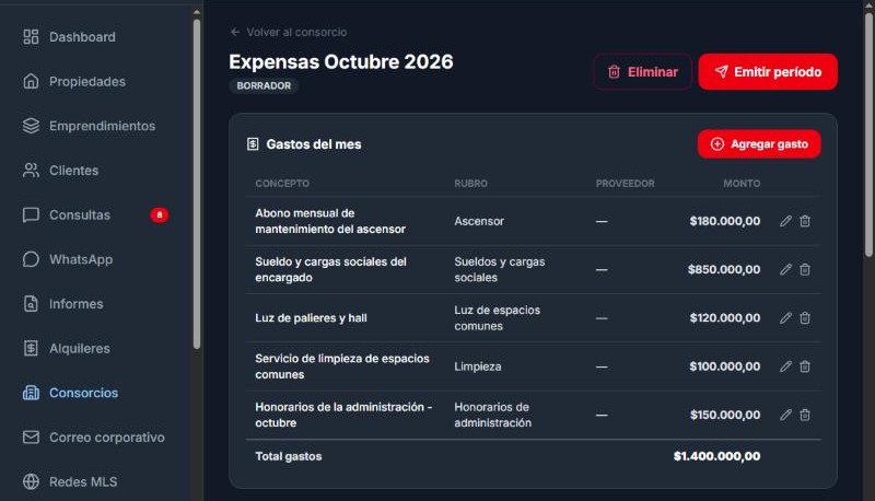 Período de expensas en borrador en InmoMind: gastos del mes con su rubro y total del edificio