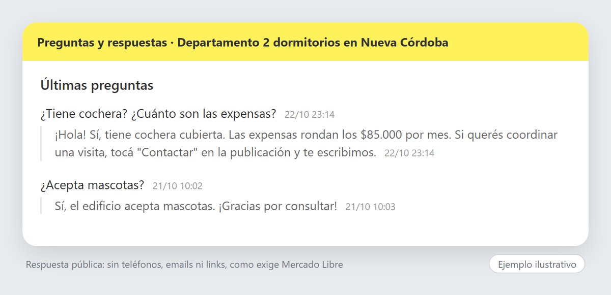 Ejemplo ilustrativo de preguntas en una publicación de Mercado Libre respondidas sin datos de contacto