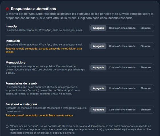 Respuestas automáticas en InmoMind: cada portal y la web con su modo (apagado, con la oficina cerrada o siempre)
